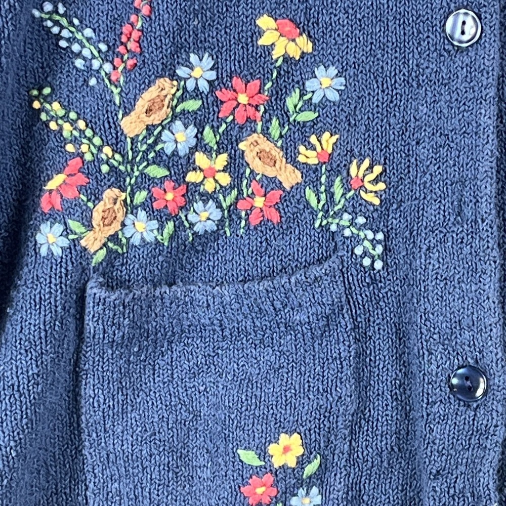 VTG Womens L Knit Cardigan Sweater Blue Floral Embroidered Cottagecore Pockets - Picture 3 of 5